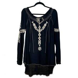 Free People Black Peasant Tunic Mini Dress Ivory Floral Embroidery High Low